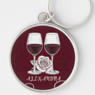 Porte-clés Élégante Vin de Bourgogne et Flocon de Neige Rose