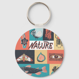 Porte-clés Éléments de la nature, Icônes de style rétro.