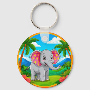 Porte-clés Éléphant de dessin animé coloré dans un paysage tr