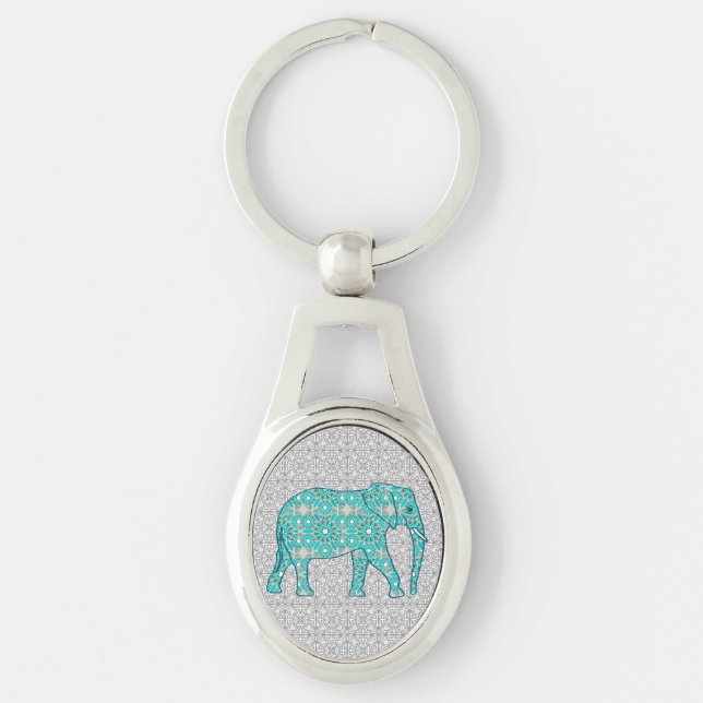 Porte-clés Eléphant fleur Mandala - turquoise, gris & blanc (Devant)
