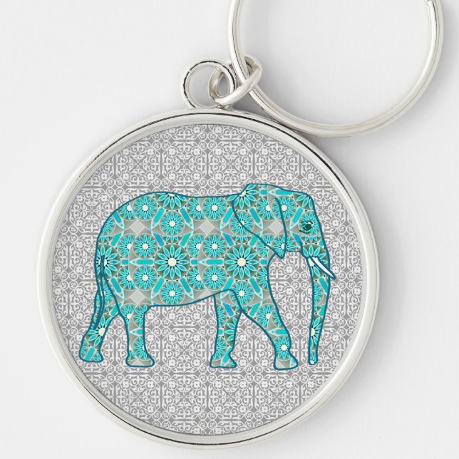 Porte-clés Eléphant fleur Mandala - turquoise, gris & blanc (Devant)