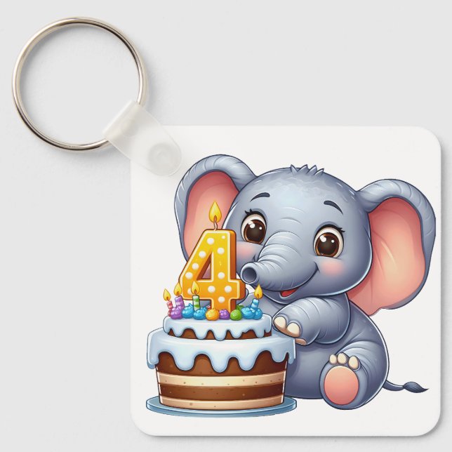 Porte-clés Éléphant Mignon 4ème Anniversaire (Recto)