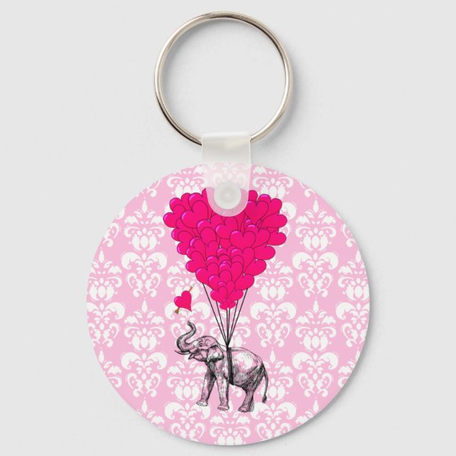 Porte-clés Éléphant mignon drôle & damas rose (Recto)