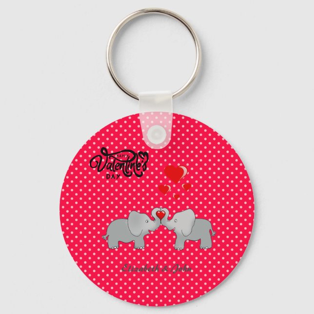 Porte-clés Éléphants Romantiques & Cœurs Rouges Sur Points  (Recto)