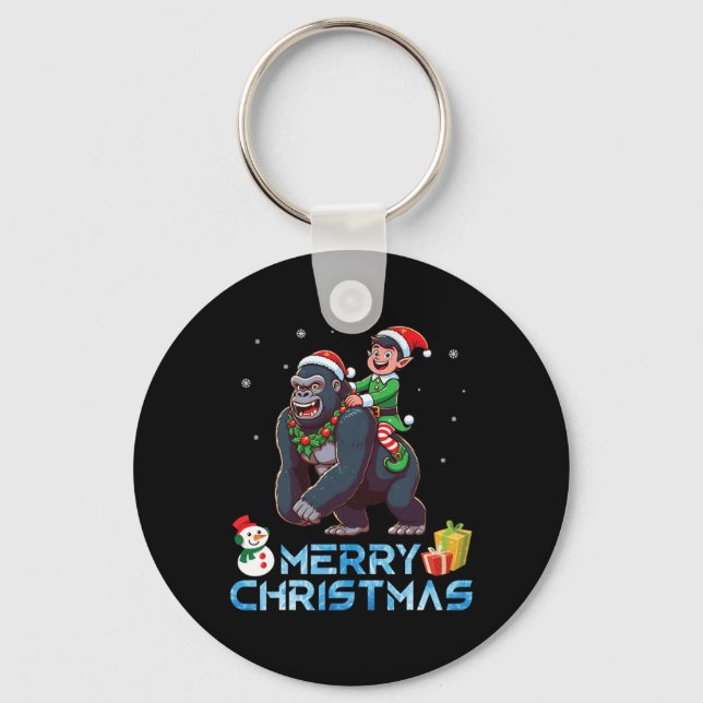 Porte-clés Elf Riding Gorilla Snowman Présenter Joyeux Noël (Recto)