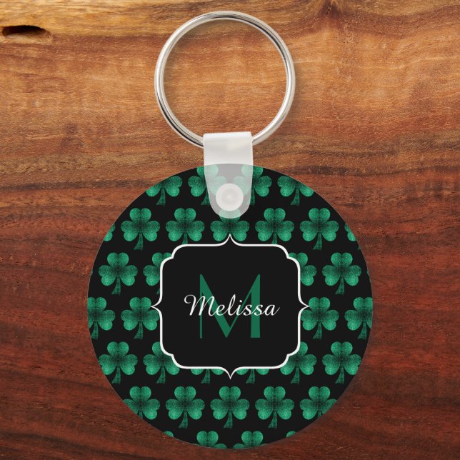Porte-clés Emerald Green Sparkle Shamrock noir Monogramme (Recto)