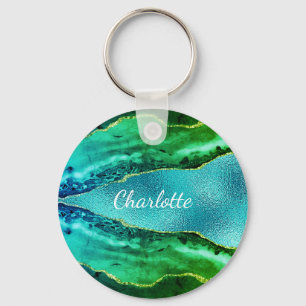 Porte-clés Émeraude vert bleu agate nom de marbre