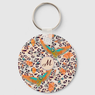 Porte-clés Empreinte de léopard branché, oiseaux de paradis