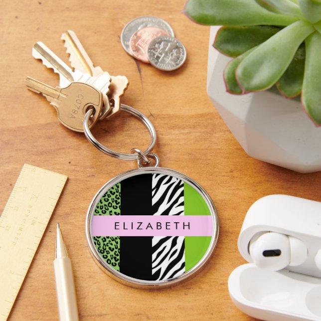 Porte-clés Empreinte de léopard, Zebra Print, Vert, Votre nom (Bureau)