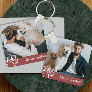 Porte-clés Empreinte de patte de photo de chien rouge moderne