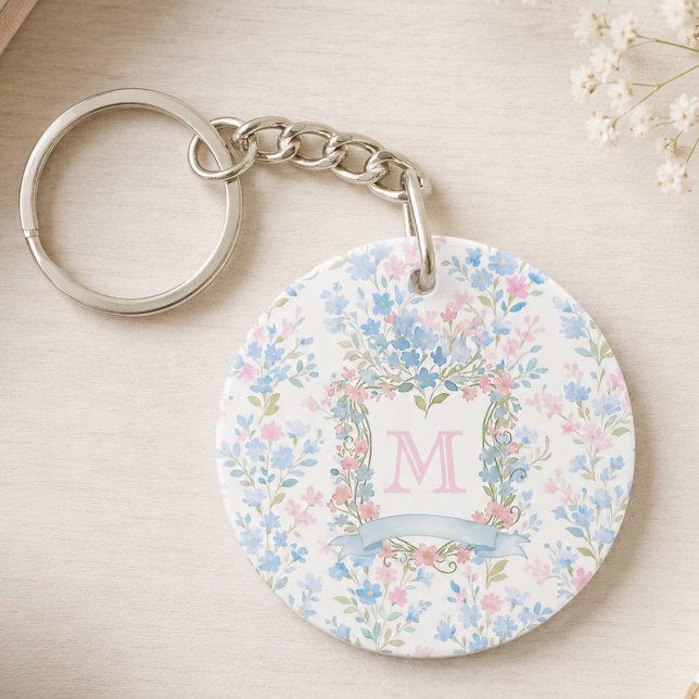 Porte-clés en acrylique à monogramme floral person (elegant feminine grandmillennial floral keychain with custom family crest monogram)