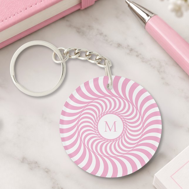 Porte-clés en acrylique à monogramme initial rose (cute girly fun pink optical illusion keychain with custom monogram initial)