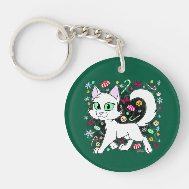 Porte-clés en acrylique Chat de Noël (Vert) (Devant)