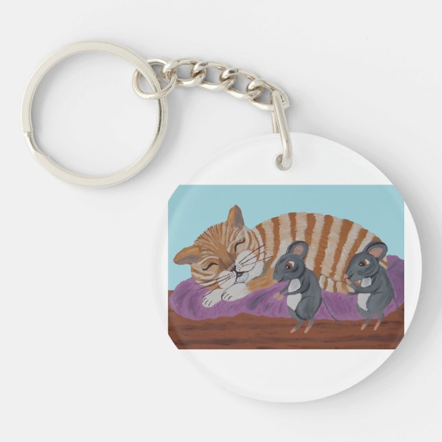 Porte-clés en acrylique Chat endormi et Souris Sou (Devant)