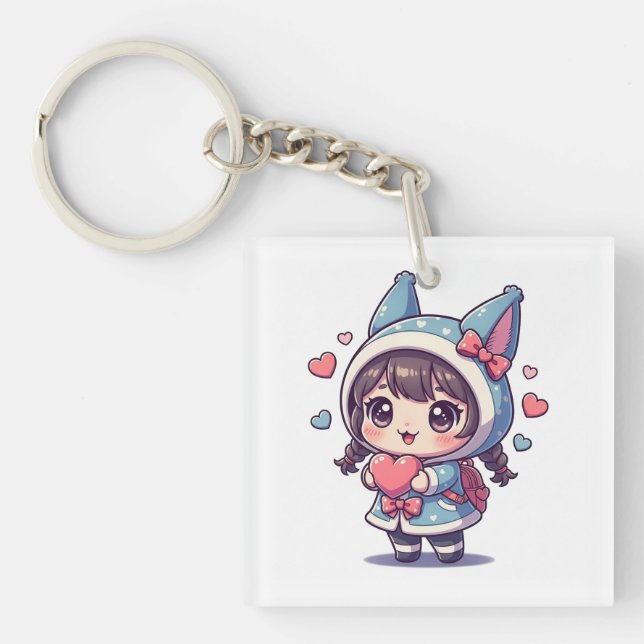 Porte-clés en acrylique Kawaii Chibi Fille avec Cœ (Devant)