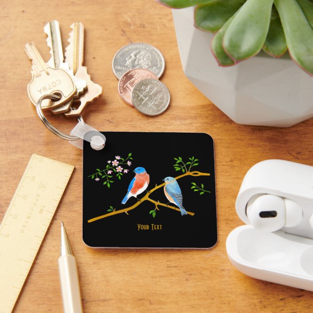 Porte-clés en aluminium noir avec oiseaux bleus (Bureau)