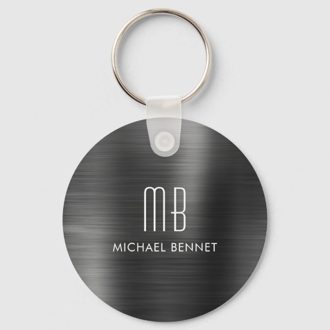 Porte-clés en métal brossé faux noir à monogramme (Recto)