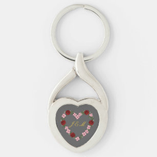 Porte-clés en métal gris avec cœur rose et rouge