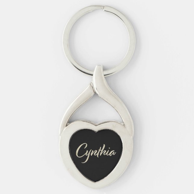 Porte-clés en or blanc avec écriture Cynthia (Devant)