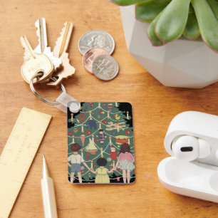 Porte-clés Enfants de Noël vintage autour d'un arbre décoré