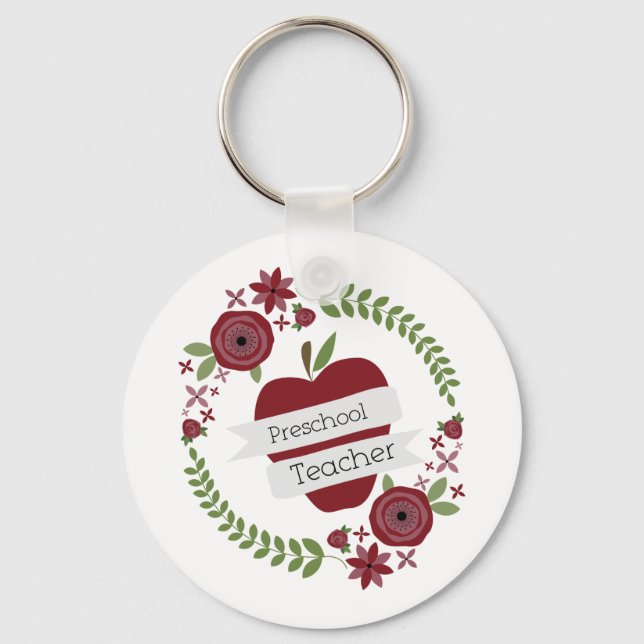 Porte-clés Enseignant préscolaire Floral Wreath Red Apple (Recto)