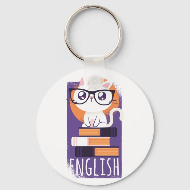 Porte-clés ENSEIGNANTS ANGLAIS Cadeau - Cute Kawaii Chat Purp (Recto)