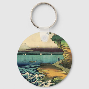 Porte-clés Estampe japonaise vintage Ukiyo-e Mt. Fuji 房州保田ノ海岸