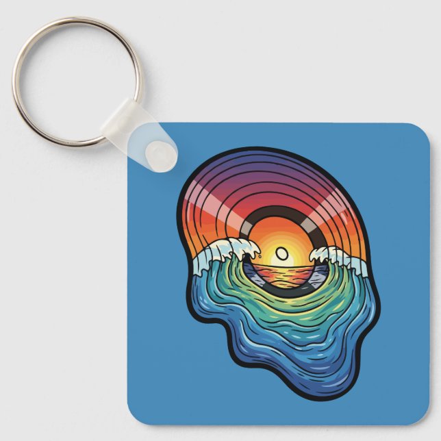 Porte-clés esthétique vinyle vague coucher de soleil rétro (Recto)