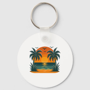 Porte-clés Été Tropical Vintage Rétro Coucher de Soleil Palmi