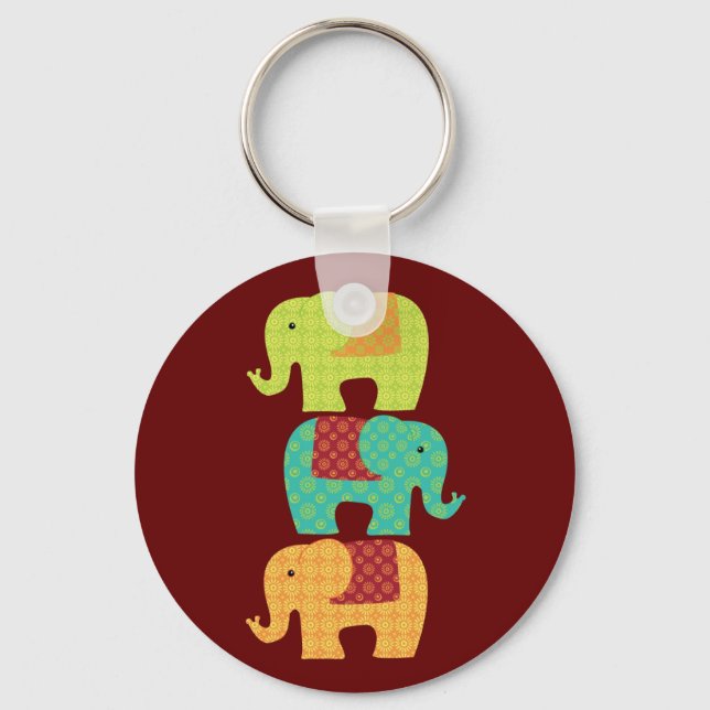 Porte-clés Ethnic Elephants with Flowers on Maroon Red (Recto)