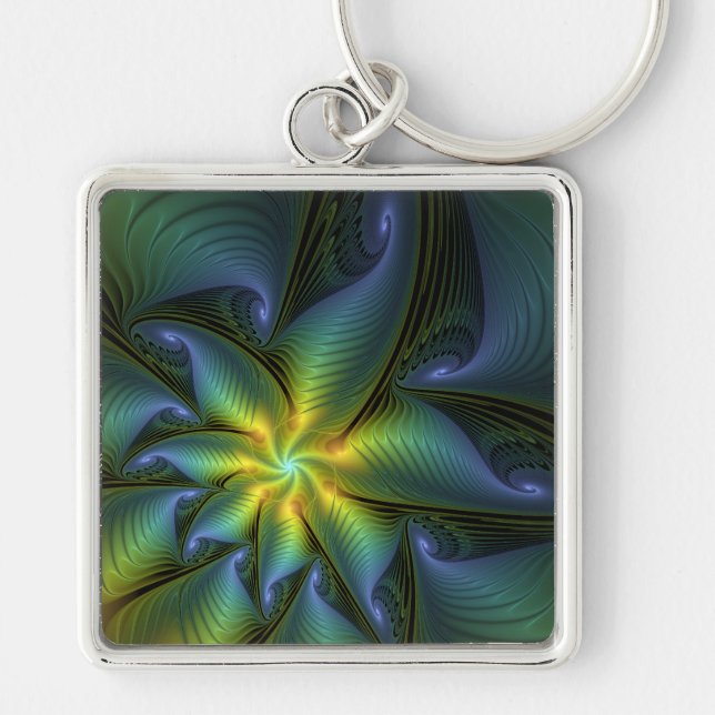 Porte-clés Etoile Abstraite, Bleu brillant Vert Or Fractal Ar (Devant)