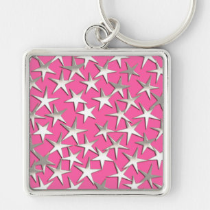 Porte-clés Étoiles argentées sur fond rose fuchsia