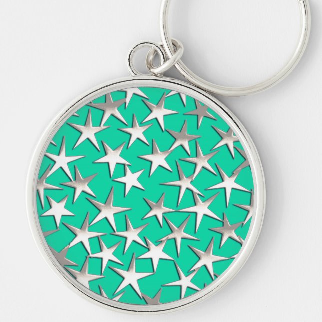 Porte-clés Étoiles argentées sur turquoise (Devant)