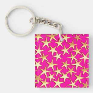 Porte-clés Étoiles dorées sur fond rose fuchsia