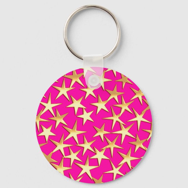 Porte-clés Étoiles dorées sur fond rose fuchsia (Recto)