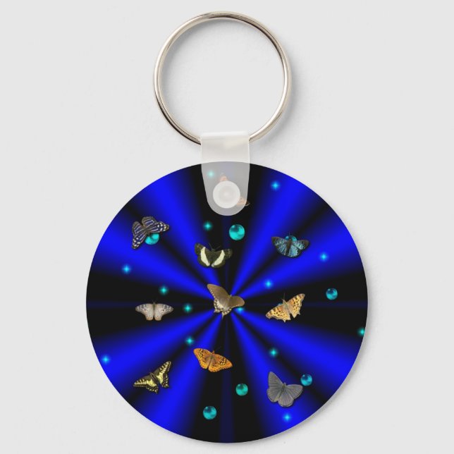 Porte-clés Étoiles, perles et papillon sur noir et bleu (Recto)