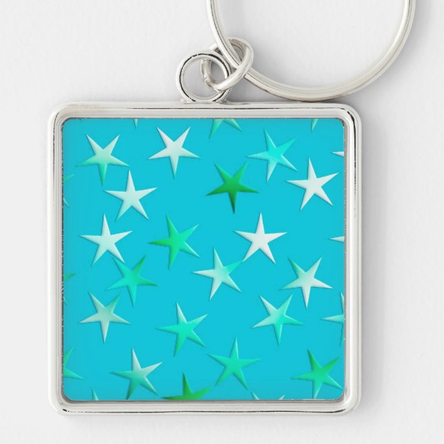 Porte-clés étoiles satinées, vert pâle et bleu sur turquoise (Devant)