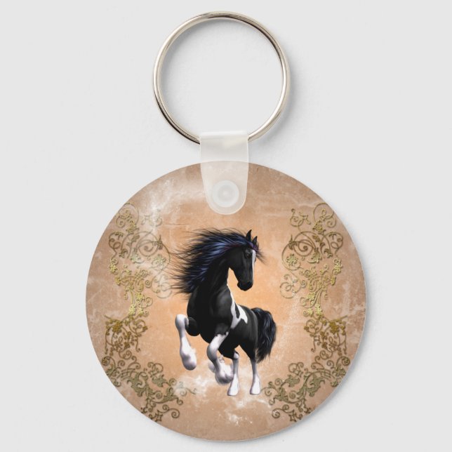 Porte-clés Étonnant cheval sauvage avec des éléments floraux (Recto)