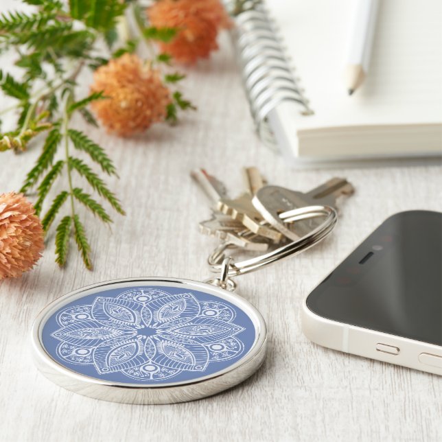 Porte-clés Exotic White Mandala on Blue Background (Côté)