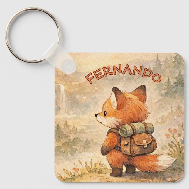 Porte-clés Explorateur Renard de la Forêt Mignonne Aquarelle  (Recto)
