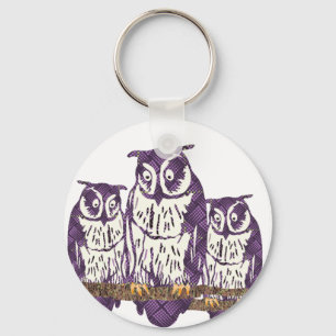 Porte-clés Famille de hibou géométrique stylisée violet