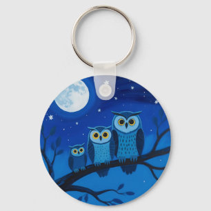 Porte-clés Famille de hiboux sous la lune