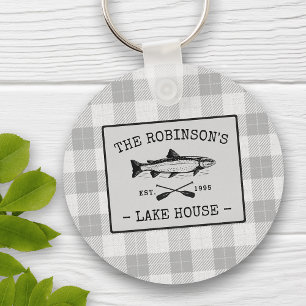 Porte-clés Family Lake House Oars Fish White Plaid Round