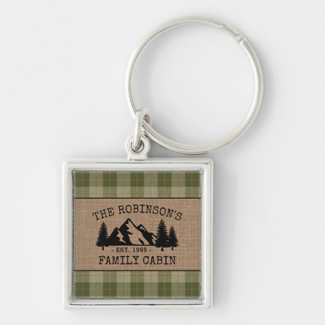 Porte-clés Family Name Cabin Trees Sage Plaid Burlap Square (Devant)