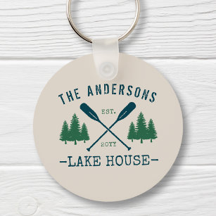 Porte-clés Family Name Lake House Rustic Oars Pine Tree Round