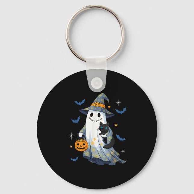 Porte-clés Fantôme de Halloween Sorcière tenant un chat noir  (Recto)