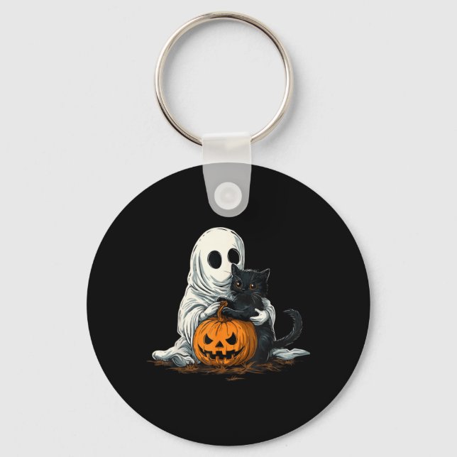 Porte-clés Fantôme Drôle Avec Chat Noir Et Citrouille Jack O  (Recto)