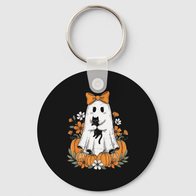 Porte-clés Fantôme mignon rétro Halloween tenant une flore de (Recto)