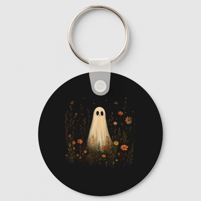 Porte-clés Fantôme sur un pré fleuri Halloween automne design (Recto)