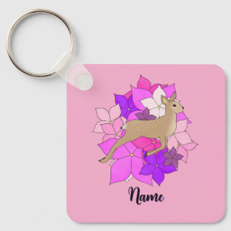 Porte-clés Faon mignon personnalisé et fleurs roses